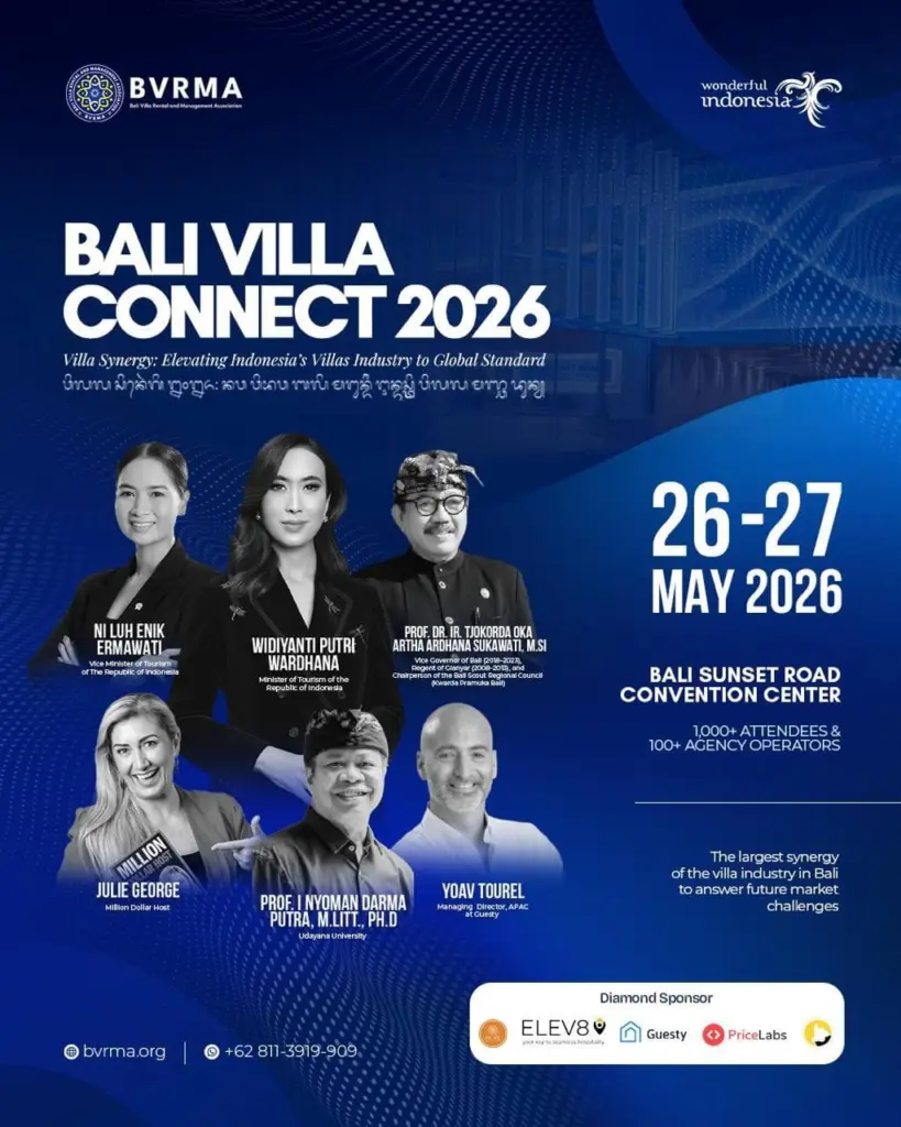 Bali Villa Connect 2026 official event poster with dates, venue and keynote speakers